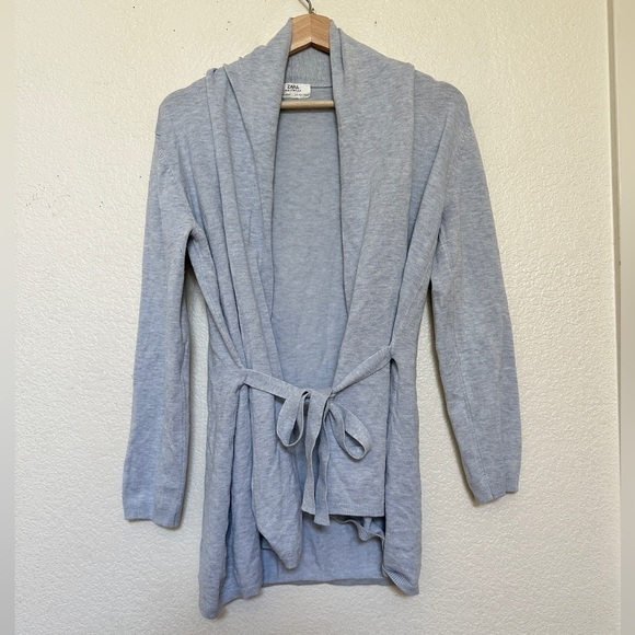 Zara Light Blue Heathered Open Front Waterfall Knit Tie Cardigan Sweater Womens - Picture 2 of 5